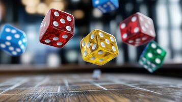 Colorful dice rolling on wooden table, creating lively atmosphere photo