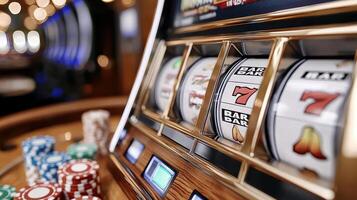 vibrant slot machine with colorful symbols and casino chips photo