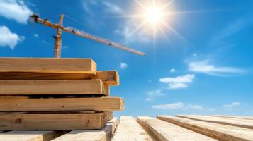 Construction site with wooden planks and crane under sunny sky photo