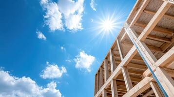 construction site with wooden framework under bright blue sky photo