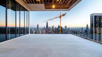 modern construction site with skyline view at dawn, showcasing urban development photo