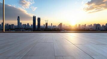 modern interior with view of city skyline at sunset, showcasing tranquility photo