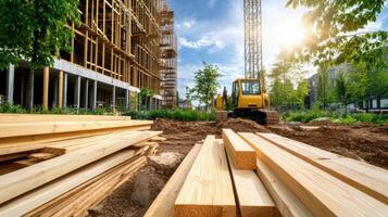 construction site with lumber, machinery, and sunny sky photo