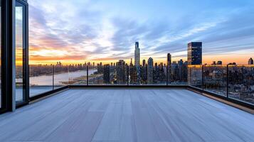 stunning skyline view at dawn from modern balcony with glass railing photo