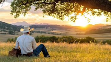 cowboy sitting under tree, enjoying sunset over landscape photo