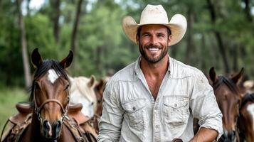 cowboy leading pack of horses through forest, smiling joyfully photo