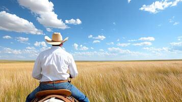 cowboy riding through field of tall grass under blue sky photo