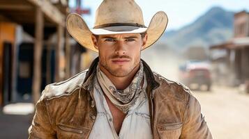 cowboy with bandana stands confidently in dusty street, exuding strength photo