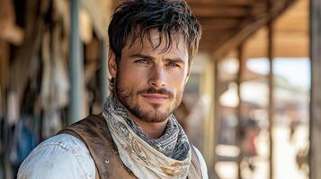 cowboy with bandana stands confidently in dusty street, exuding charm photo