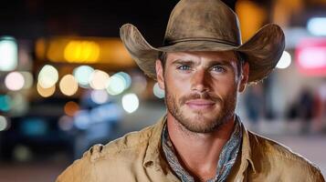 cowboy with bandana and hat stands confidently in vibrant street scene photo