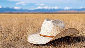 cowboy hat resting on dry grass in vast ranch landscape photo