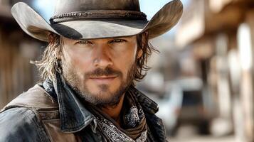 rugged cowboy with bandana stands confidently in dusty street photo
