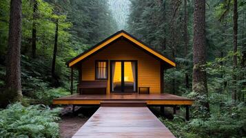 cozy cabin in woods surrounded by lush greenery and trees photo