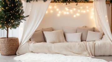 Cozy blanket fort with fairy lights and soft cushions for relaxation photo