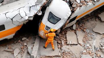 rescue operation at train accident site with emergency responders photo