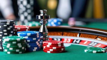 roulette table with colorful chips and silver spinner, creating excitement photo