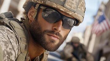 soldier in tactical gear, focused and ready for action, exudes determination photo