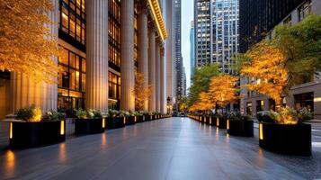 vibrant city street lined with illuminated trees and modern buildings photo