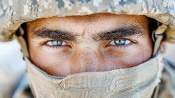 soldier with intense focus and determination, eyes piercing through fabric photo