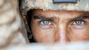 soldier with intense focus and determination, peering through rifle scope photo