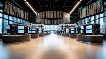 modern stock exchange trading floor with multiple screens and LED displays photo