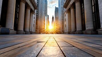 stunning sunset illuminates city street between tall buildings, creating dramatic scene photo