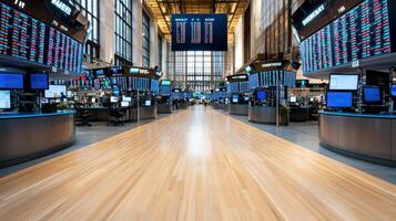 modern stock exchange trading floor with digital displays and monitors photo