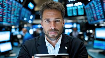 Professional trader analyzing data on tablet in busy trading floor photo