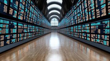 modern stock exchange trading floor with digital displays and wooden flooring photo