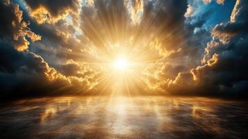 sunrise breaking through dark clouds, illuminating sky with golden rays photo
