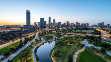 vibrant city skyline at dusk with lush greenery and water features photo