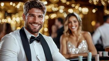 vibrant casino night scene with smiling man and woman enjoying atmosphere photo