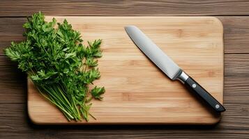 Fresh herbs and knife on wooden cutting board, perfect for cooking photo