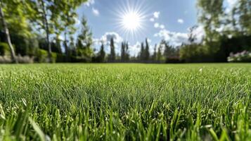 Freshly cut grass in sunny backyard with vibrant greenery and sunlight photo