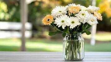 Freshly cut flowers in glass vase on table, creating cheerful atmosphere photo