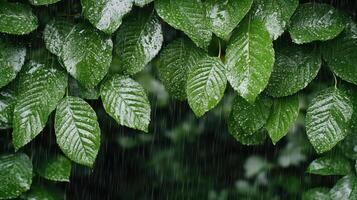 Freshly fallen rain on green leaves creates serene atmosphere photo