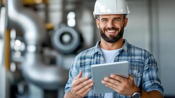 smiling engineer in hard hat using tablet in industrial setting photo