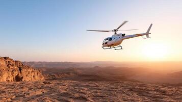 helicopter flying over desert landscape at sunrise, showcasing stunning views photo