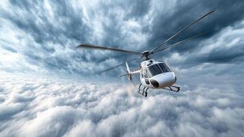helicopter flying through dramatic stormy clouds, showcasing power and agility photo