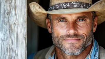 Rugged cowboy with bandana and warm smile, showcasing strength and character photo