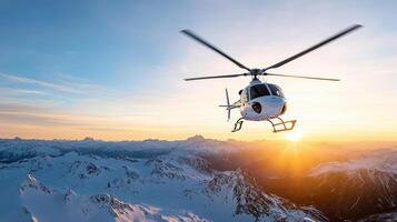 helicopter flying over mountain range at sunset, showcasing stunning views photo