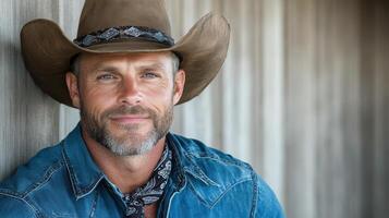 Portrait of rugged cowboy with bandana and wide brimmed hat photo