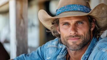 Rugged cowboy with bandana and denim shirt, exuding confidence and charm photo