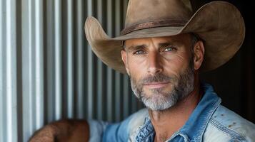 rugged cowboy with weathered face and wide brimmed hat, exuding confidence and strength photo
