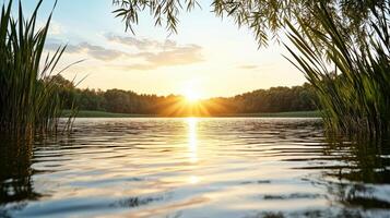 Golden sunset over tranquil lake with lush greenery and calm water photo
