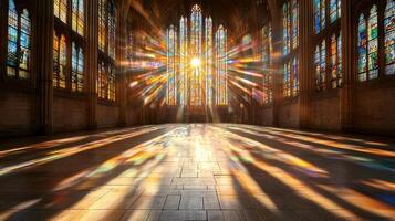 Richly colored stained glass window in cathedral, sunlight streaming photo