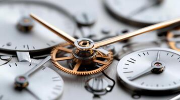 Richly detailed close up of vintage watch mechanism showcasing intricate gears and hands photo