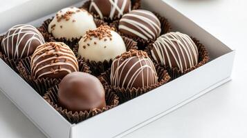 Richly flavored gourmet chocolate truffles in white box display photo