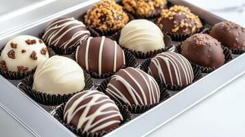 Richly flavored gourmet chocolate truffles in decorative box display photo