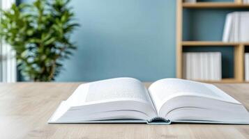 open book on wooden table with plant in background creates serene atmosphere photo